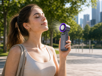 Woman using Billhol Pro portable fan outdoors