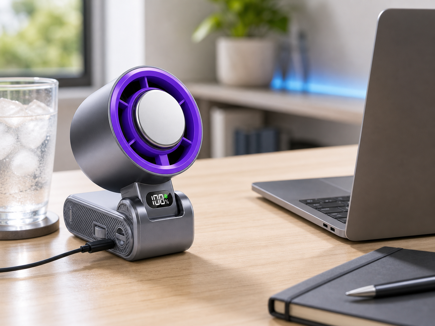 Billhol Pro folded as a desktop fan while charging