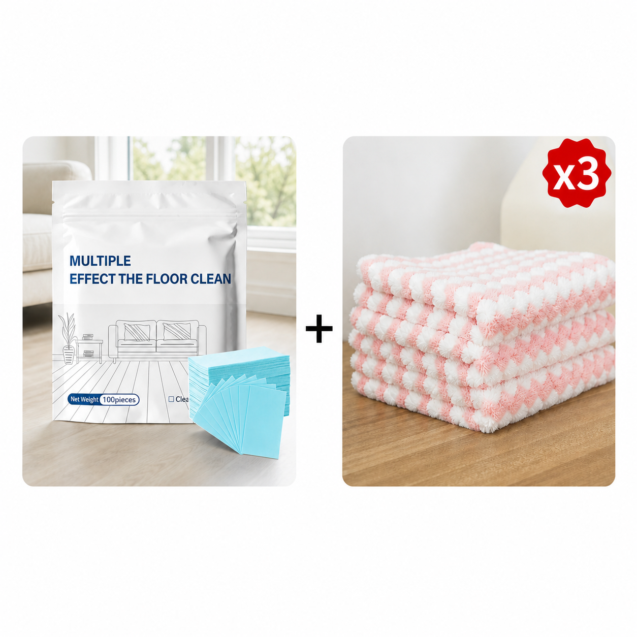100-piece floor cleaning sheets with three microfiber cleaning towels