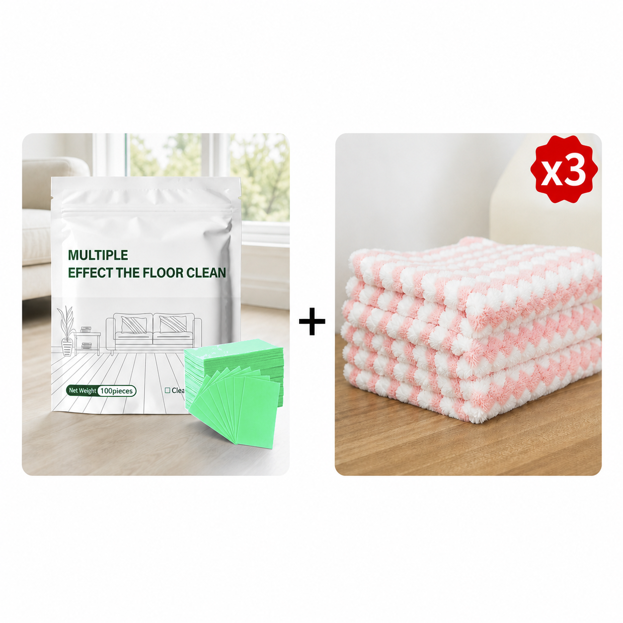 Green-Gardenia floor cleaning sheets with three microfiber cleaning towels