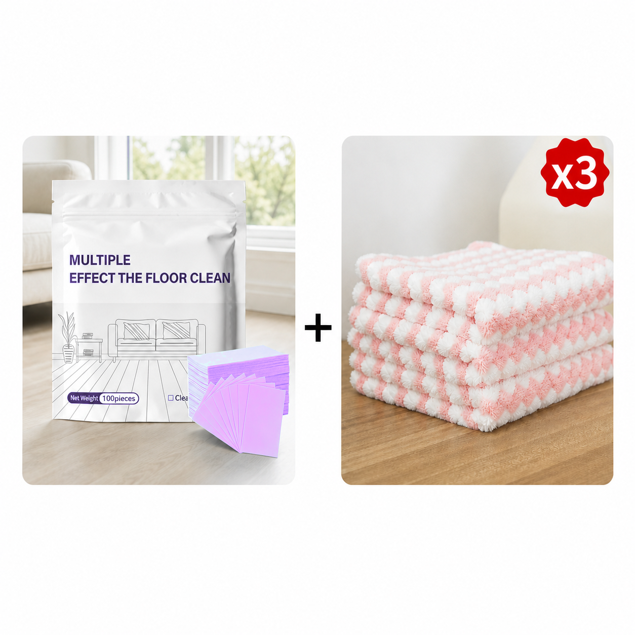 Purple-Lavender floor cleaning sheets with three microfiber cleaning towels