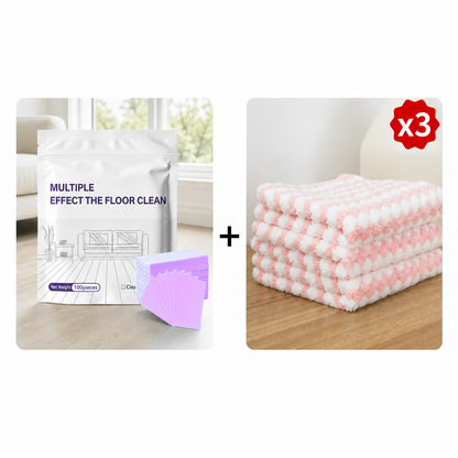 Purple-Lavender floor cleaning sheets with three microfiber cleaning towels