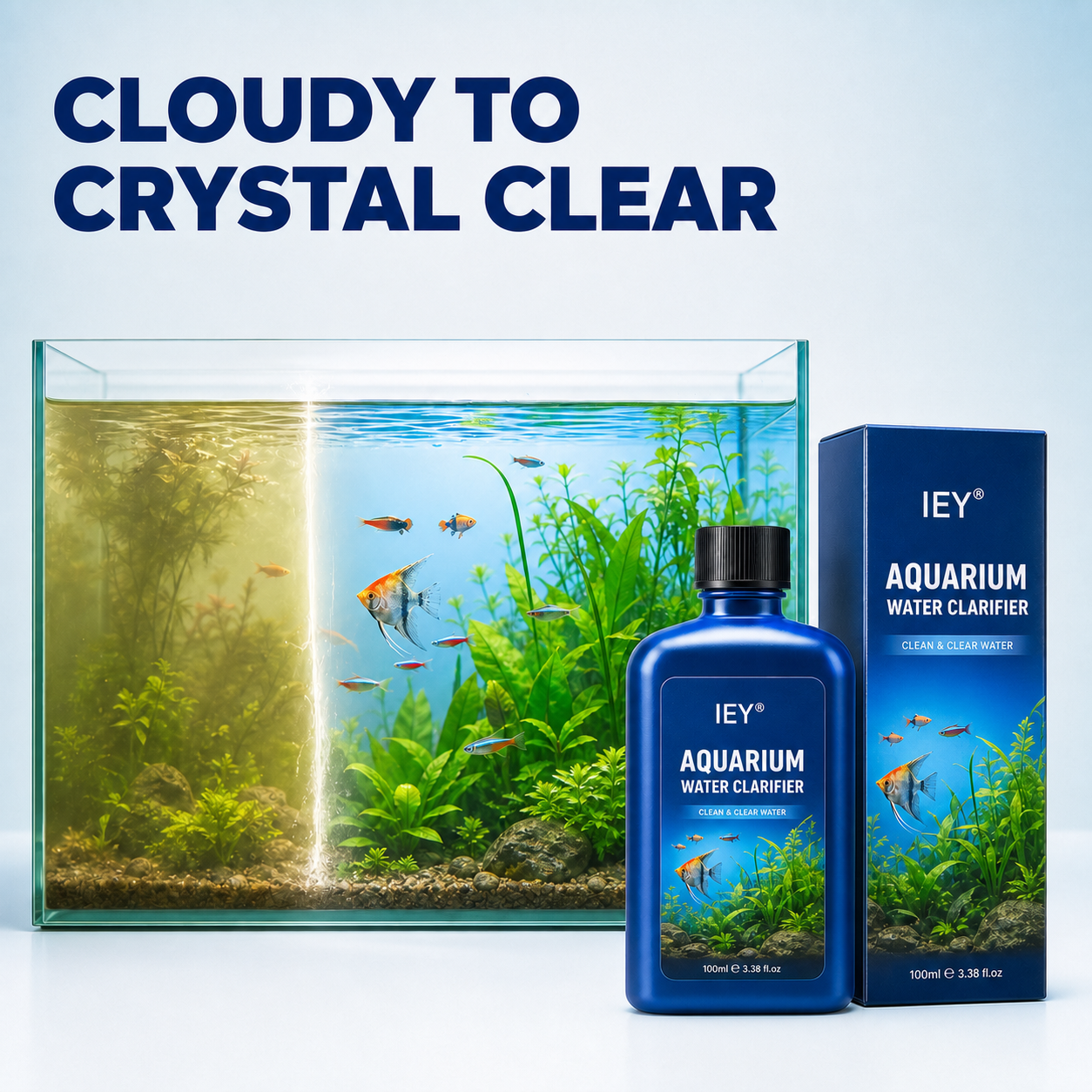 IEY aquarium water clarifier with cloudy-to-crystal-clear tank comparison