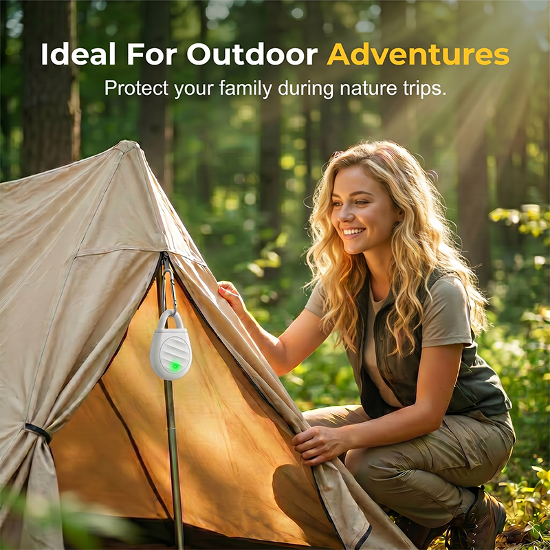 Portable bird repeller hanging at a campsite